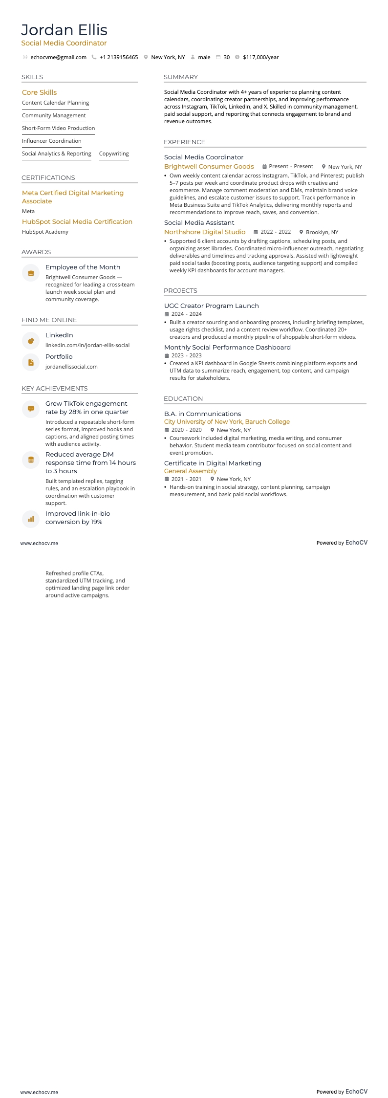 Coordinateur des réseaux sociaux example resume