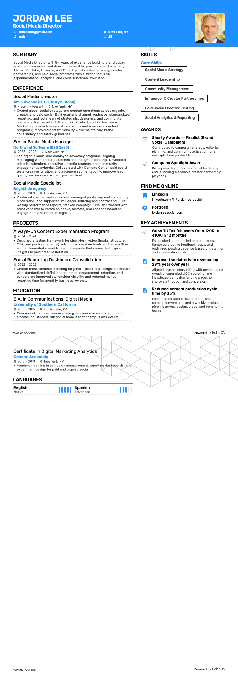 Directeur des réseaux sociaux example resume