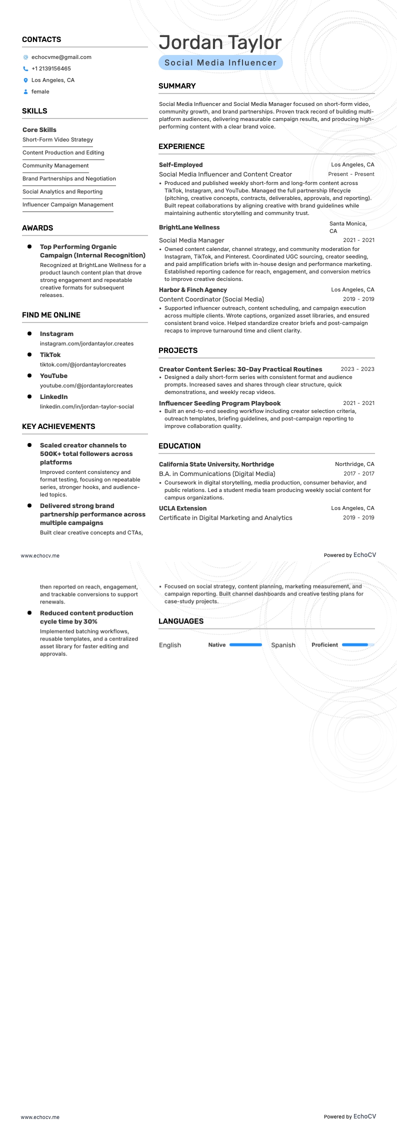 Influenceur sur les réseaux sociaux example resume