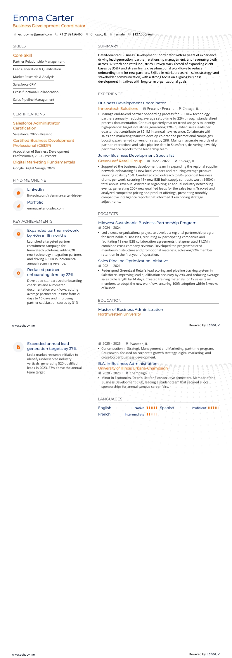 Business Development Coordinator example resume