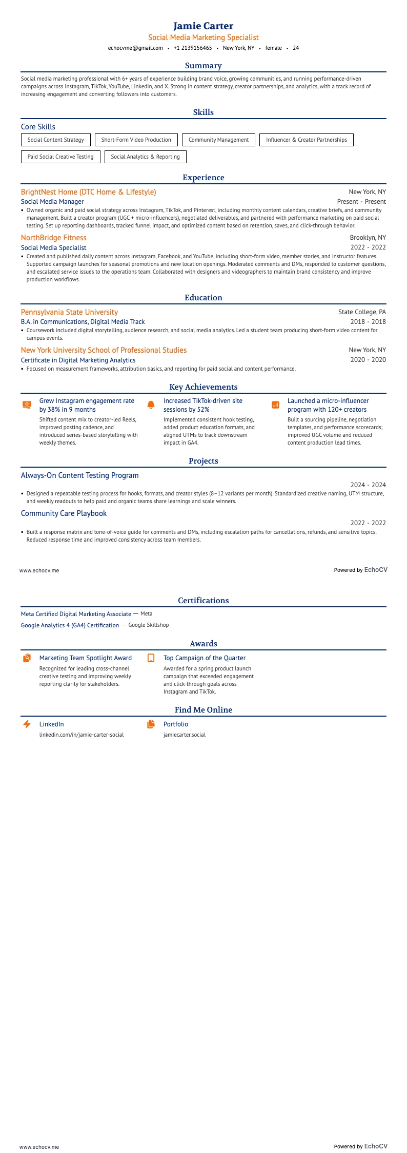 Marketing sur les réseaux sociaux example resume