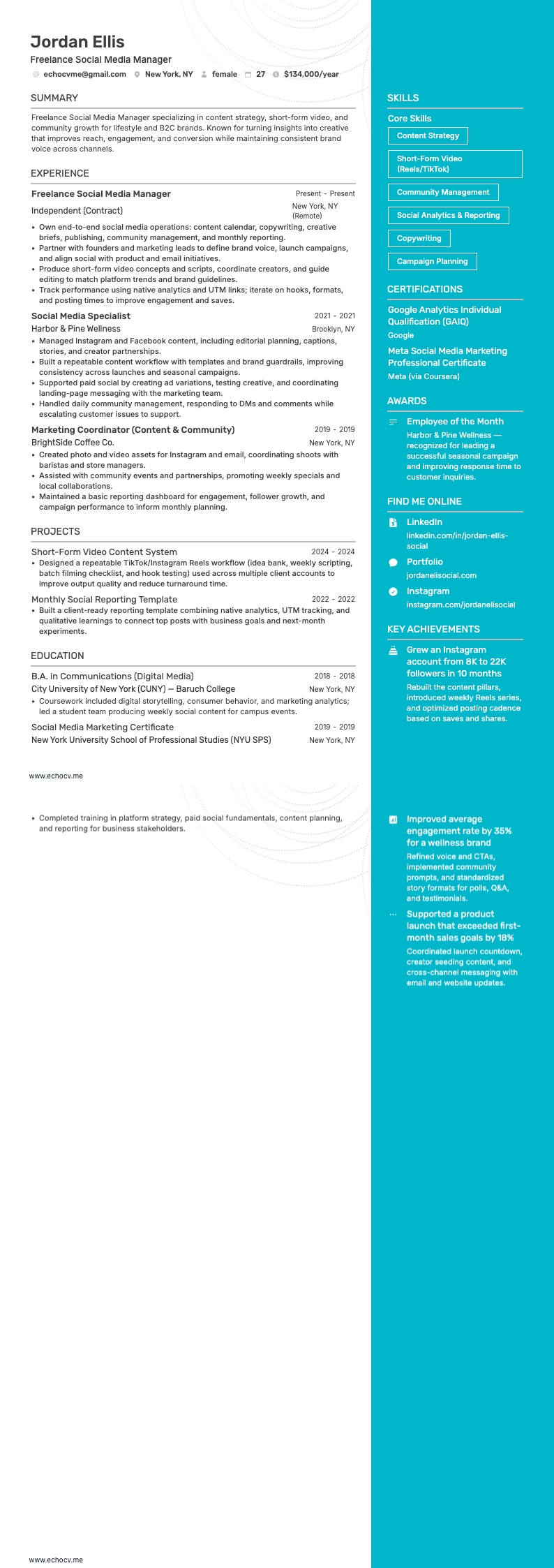 Responsable des réseaux sociaux freelance example resume