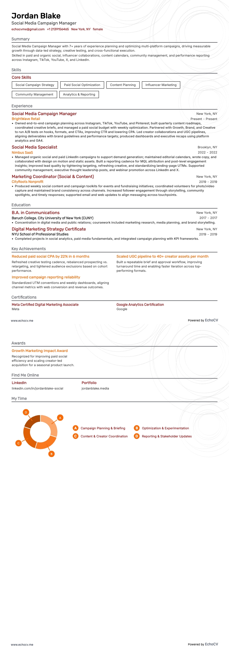 Responsable des campagnes sur les réseaux sociaux example resume