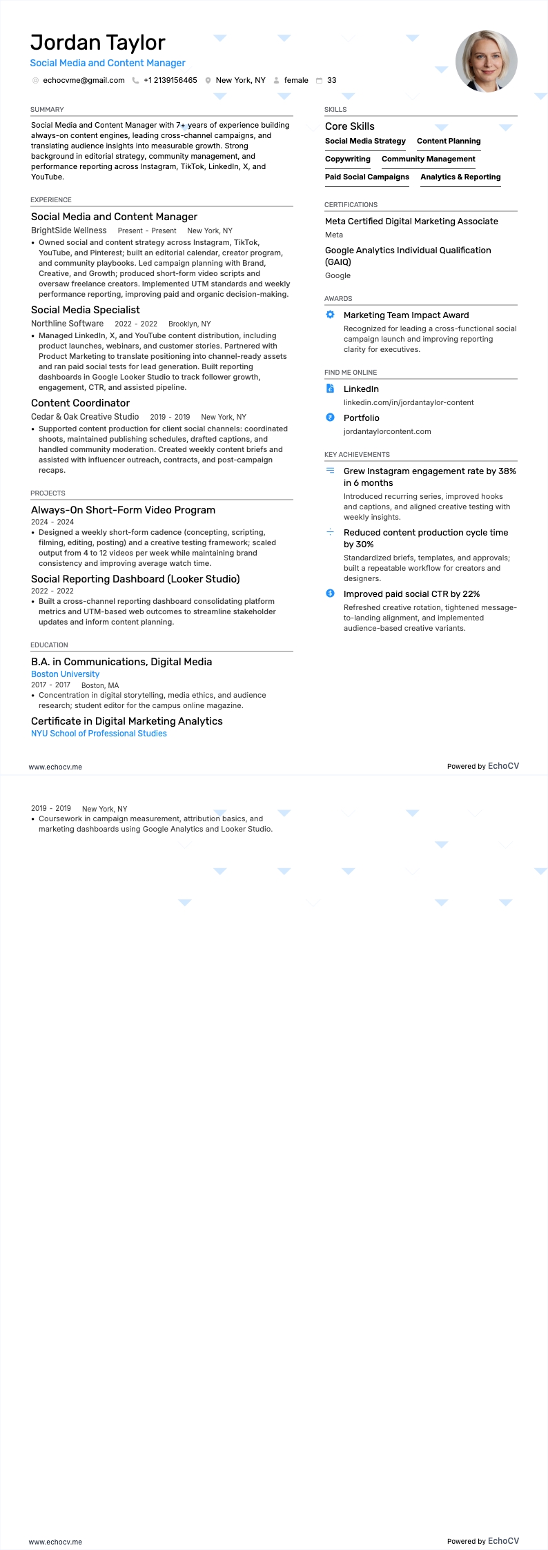 Responsable réseaux sociaux et contenu example resume