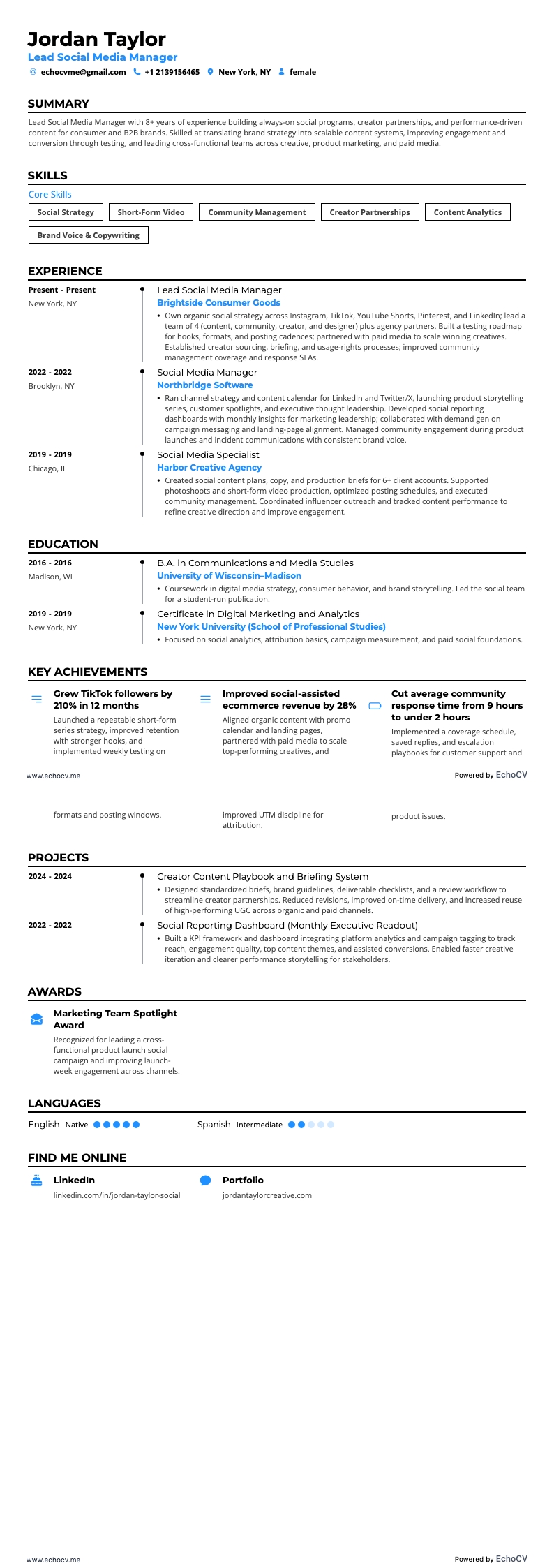 Responsable principal des réseaux sociaux example resume