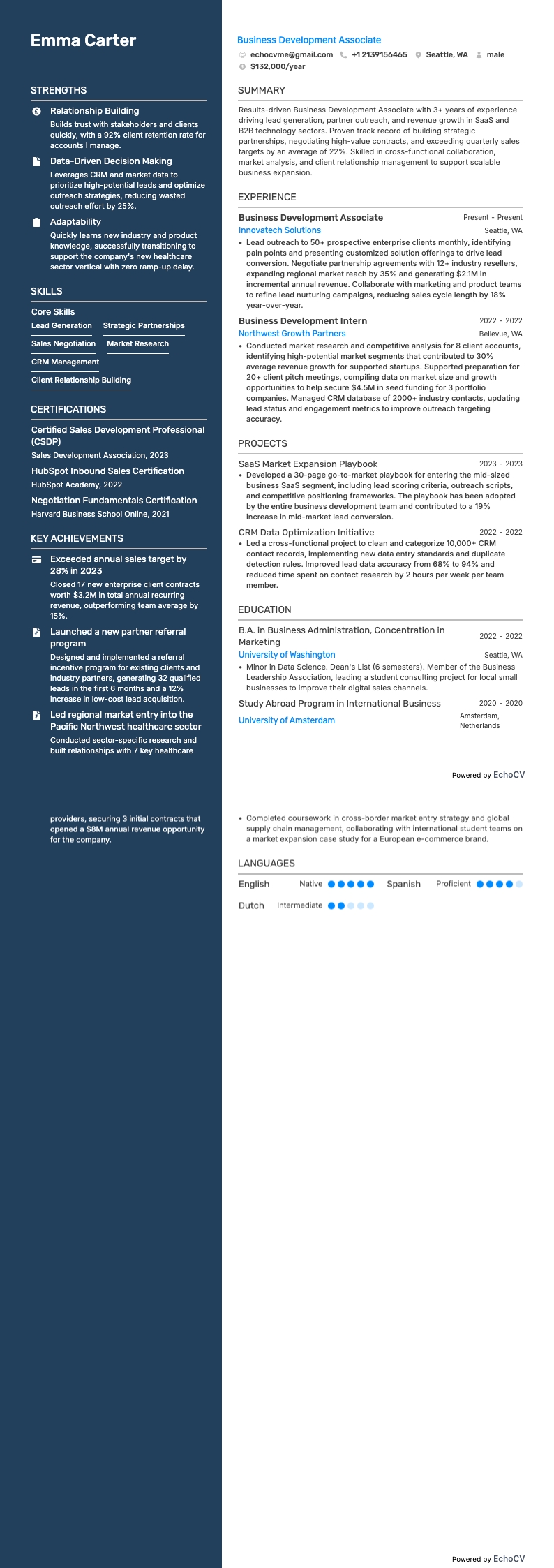 Business Development Associate example resume