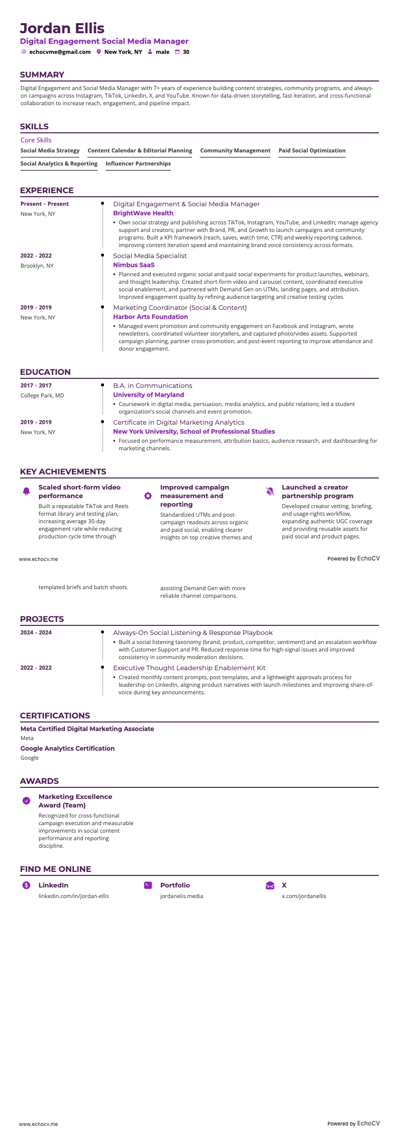 數位互動與社群媒體經理 resume example