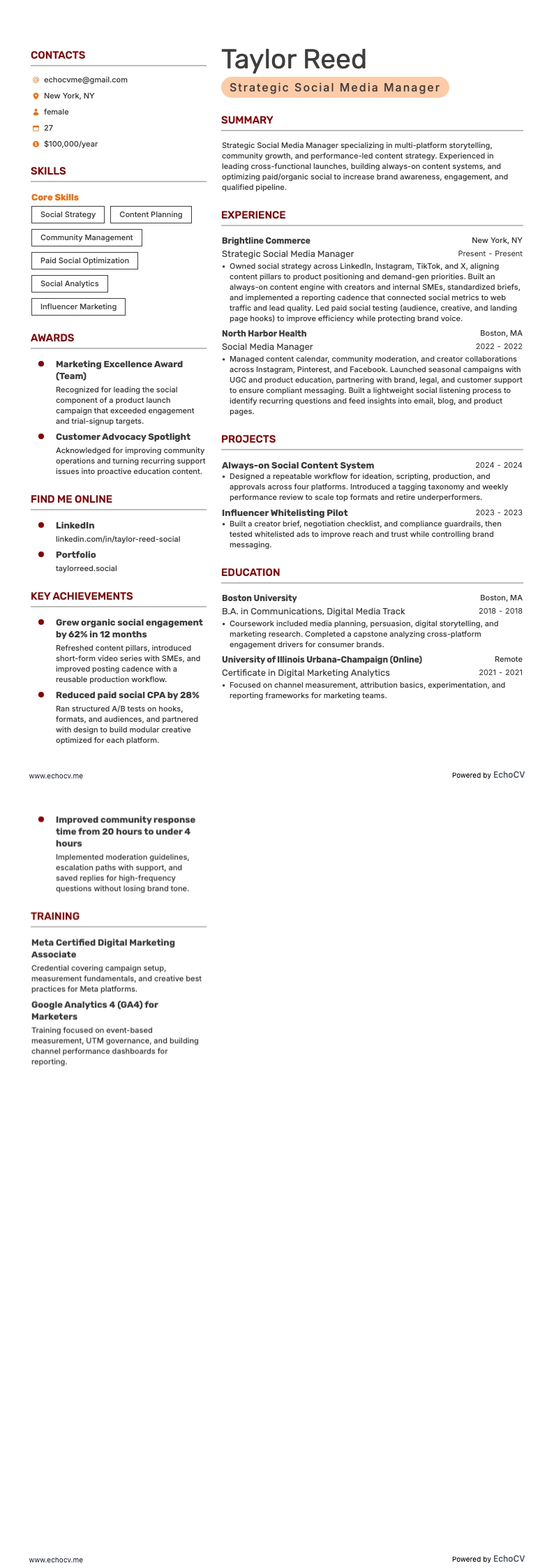 Responsable stratégique des médias sociaux example resume