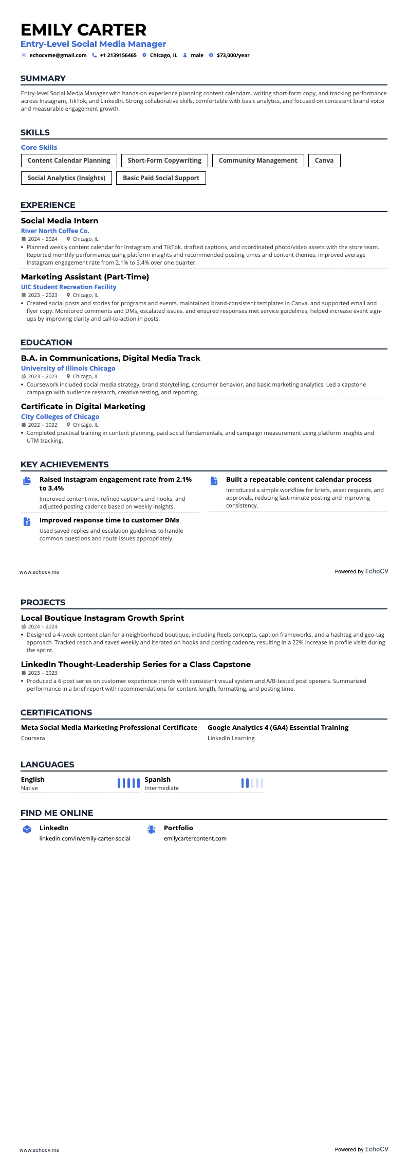 Responsable des réseaux sociaux débutant example resume