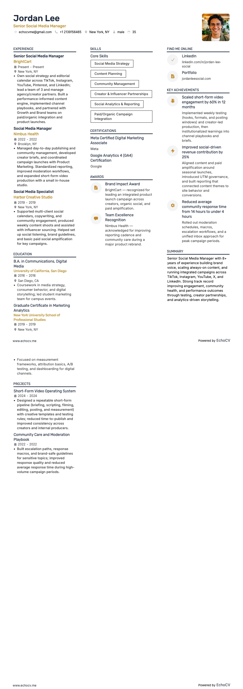 Responsable senior des réseaux sociaux example resume