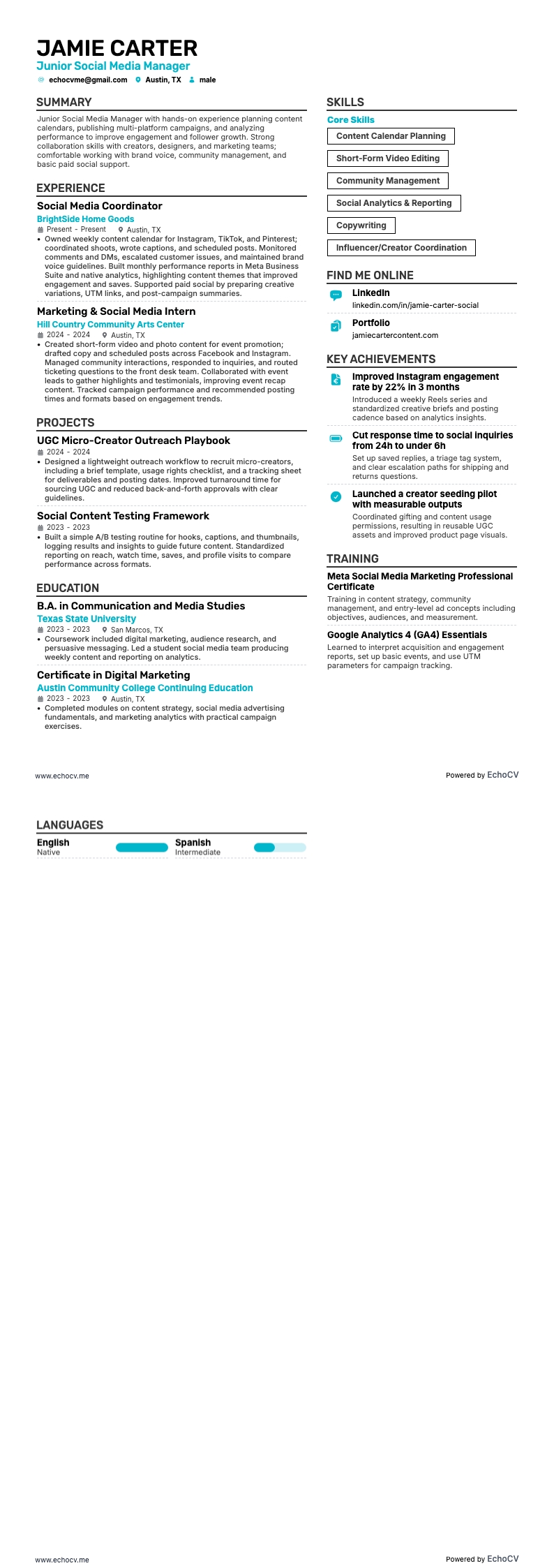 Responsable junior des réseaux sociaux example resume