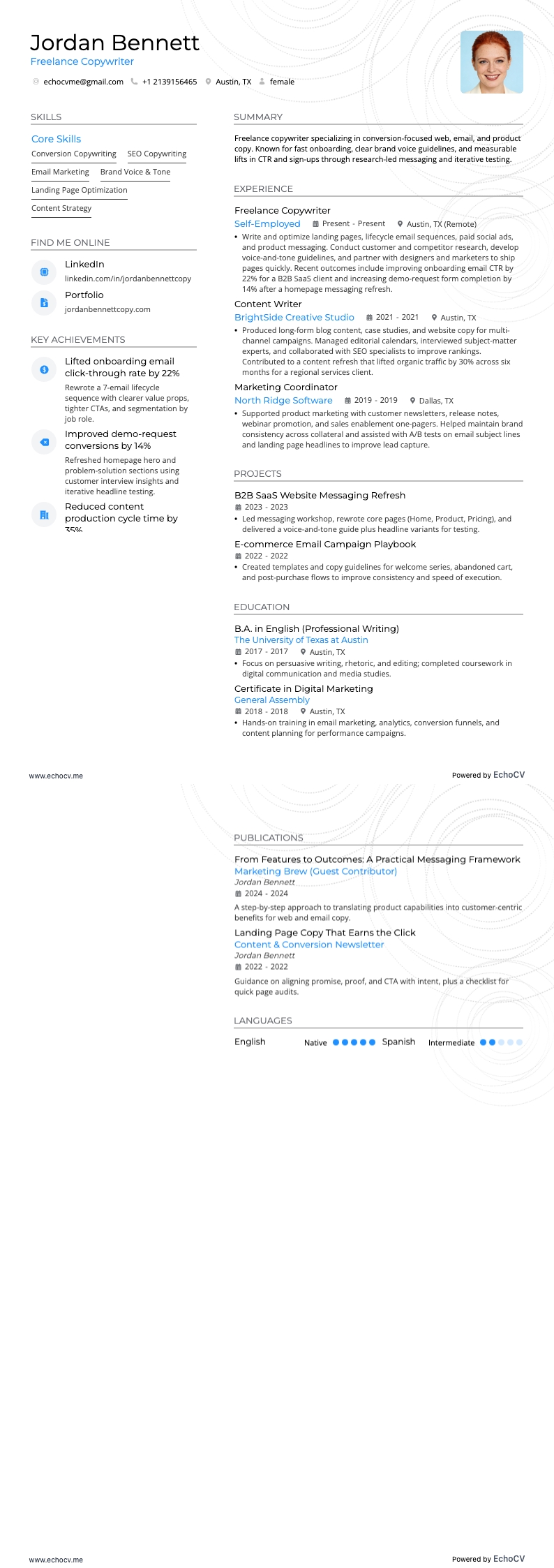 Freelance Copywriter example resume