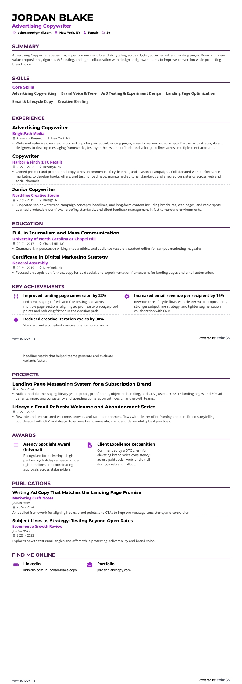 Advertising Copywriter example resume