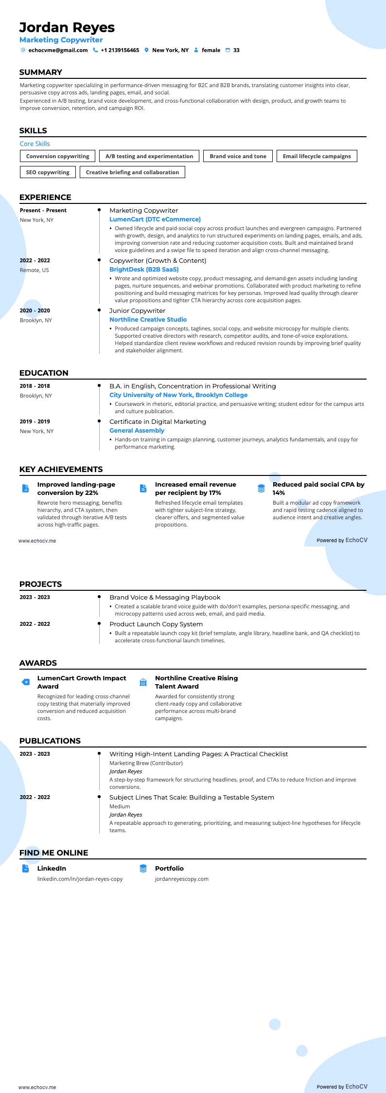 Marketing Copywriter example resume