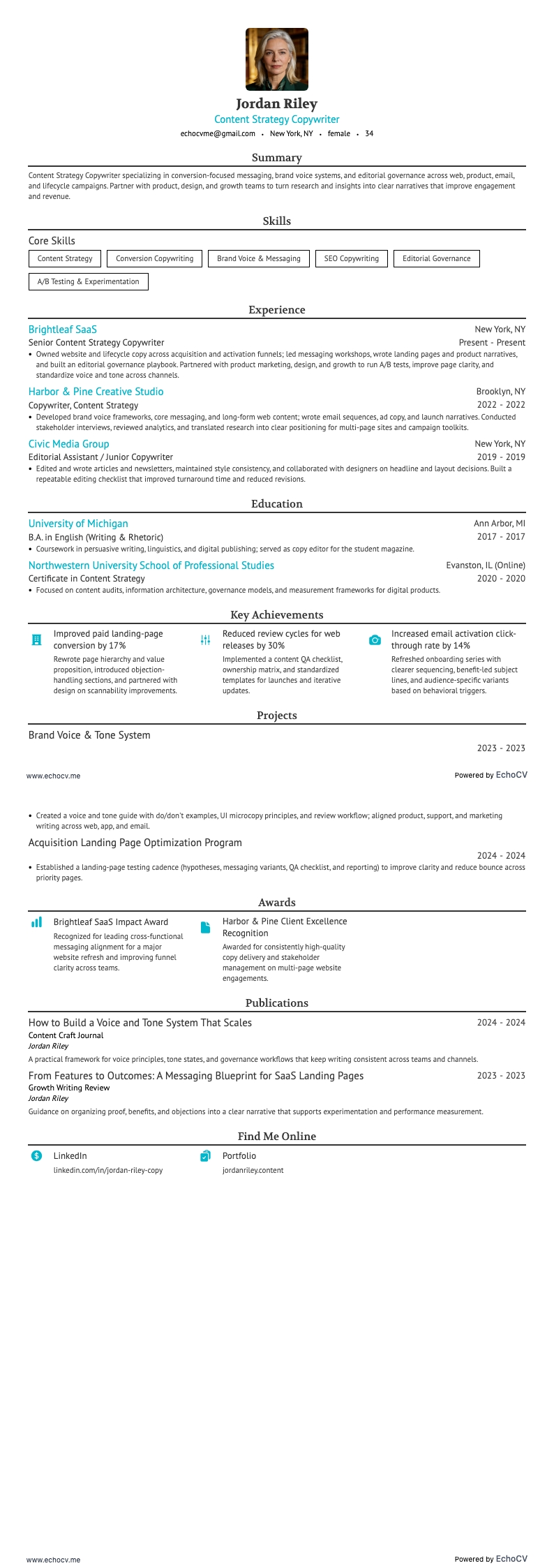 Content Strategy Copywriter example resume