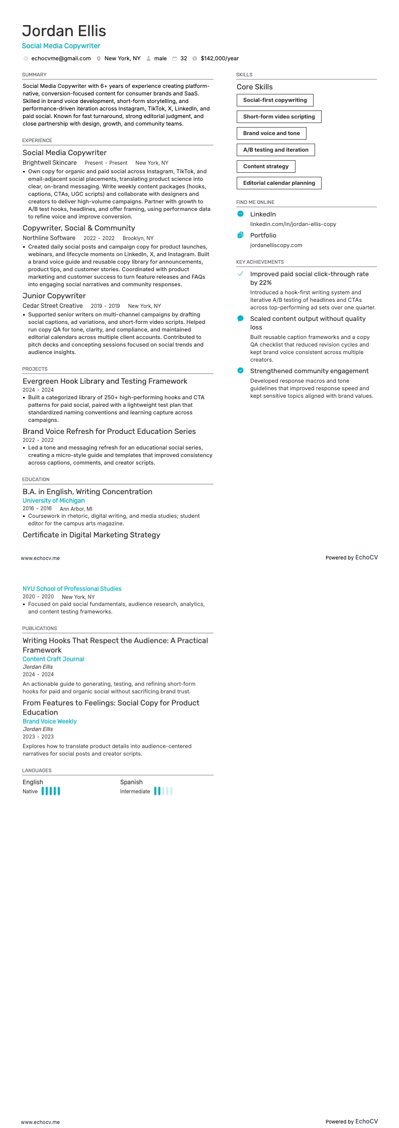 Social Media Copywriter example resume