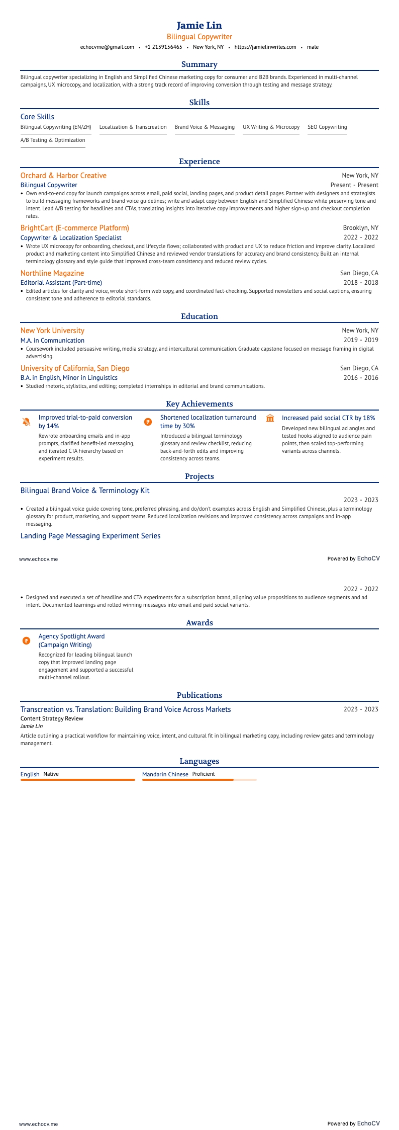 Bilingual Copywriter example resume