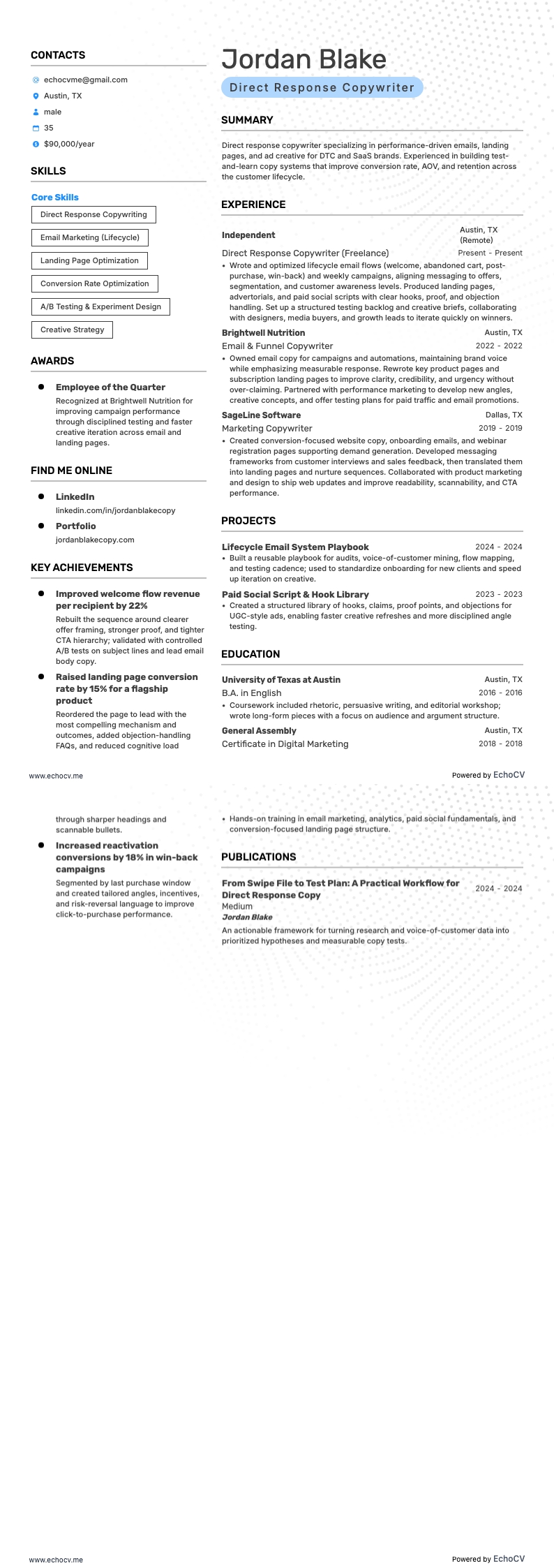 Direct Response Copywriter example resume