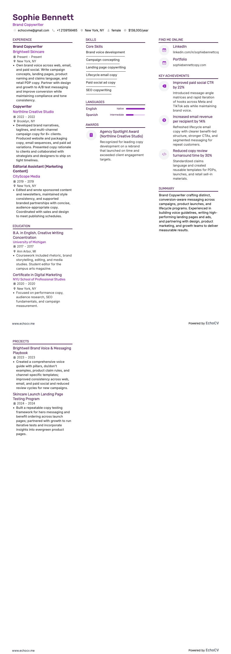 Brand Copywriter example resume