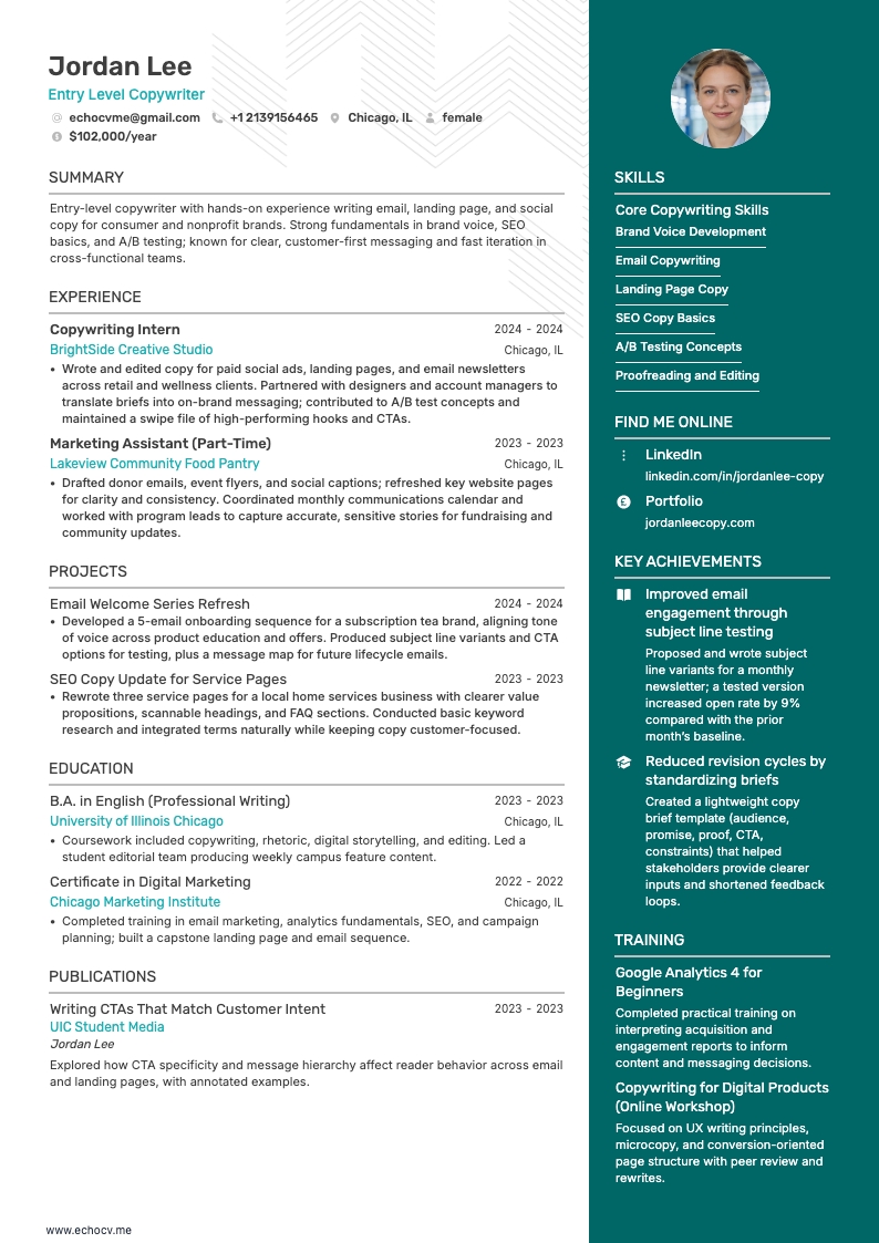 Entry Level Copywriter example resume