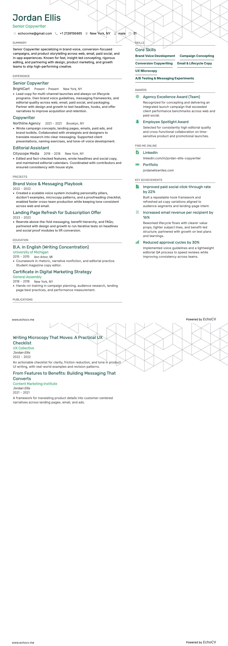 Senior Copywriter example resume