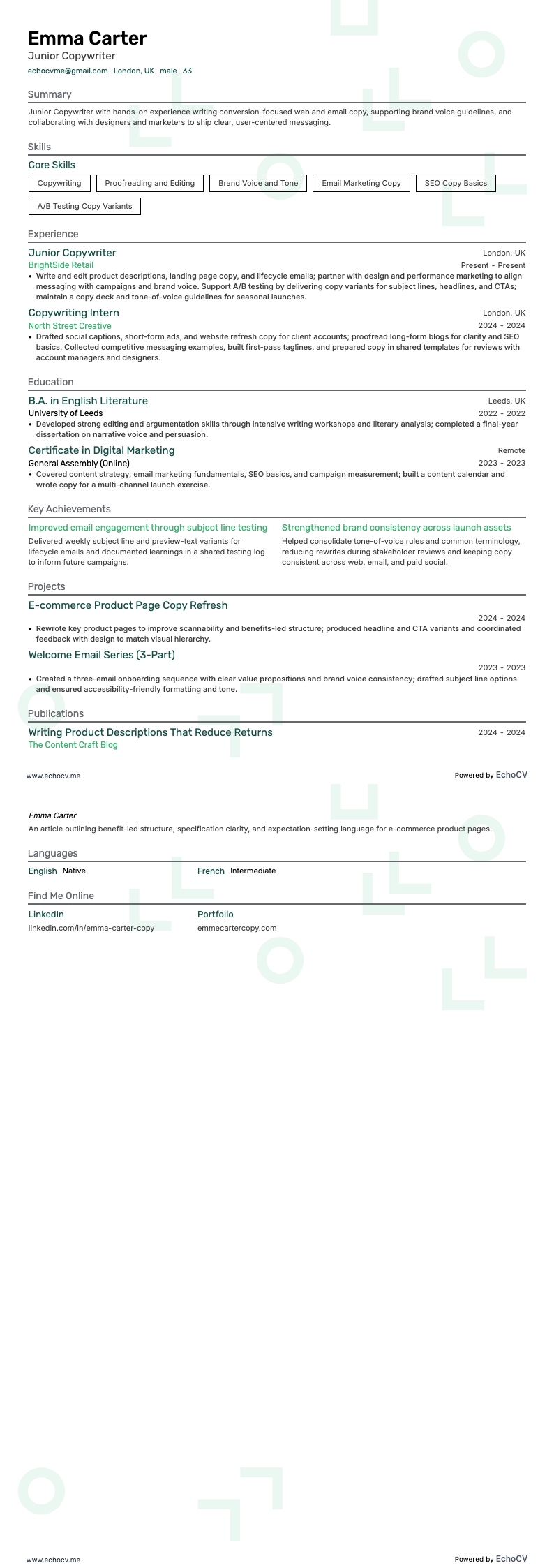 Junior Copywriter example resume