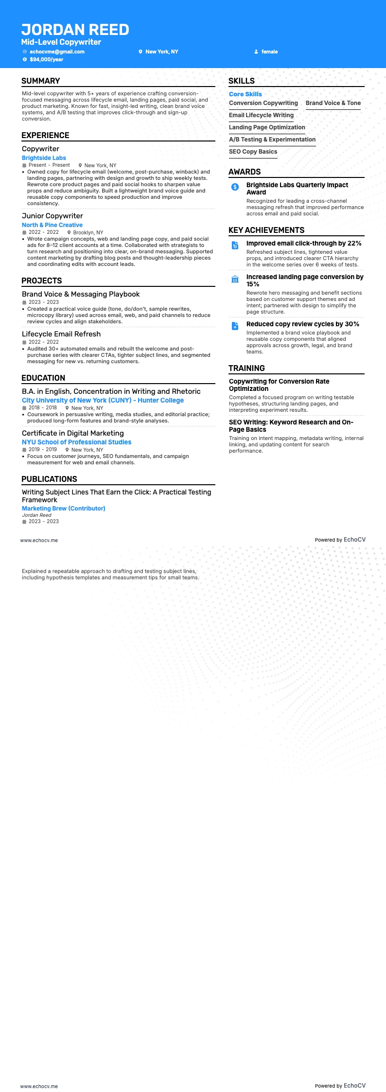 Mid-Level Copywriter example resume