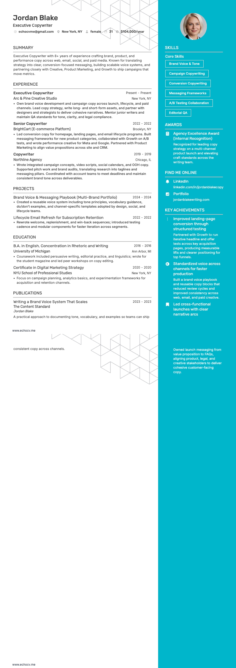 Executive Copywriter resume example