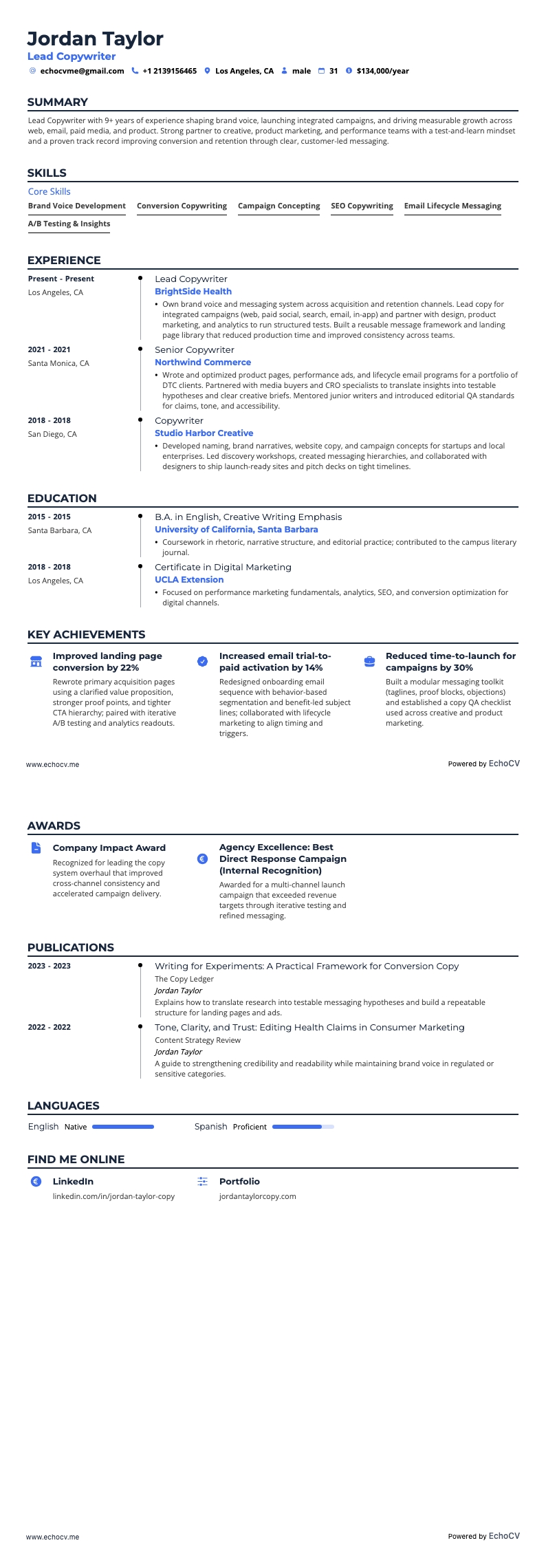 Lead Copywriter example resume
