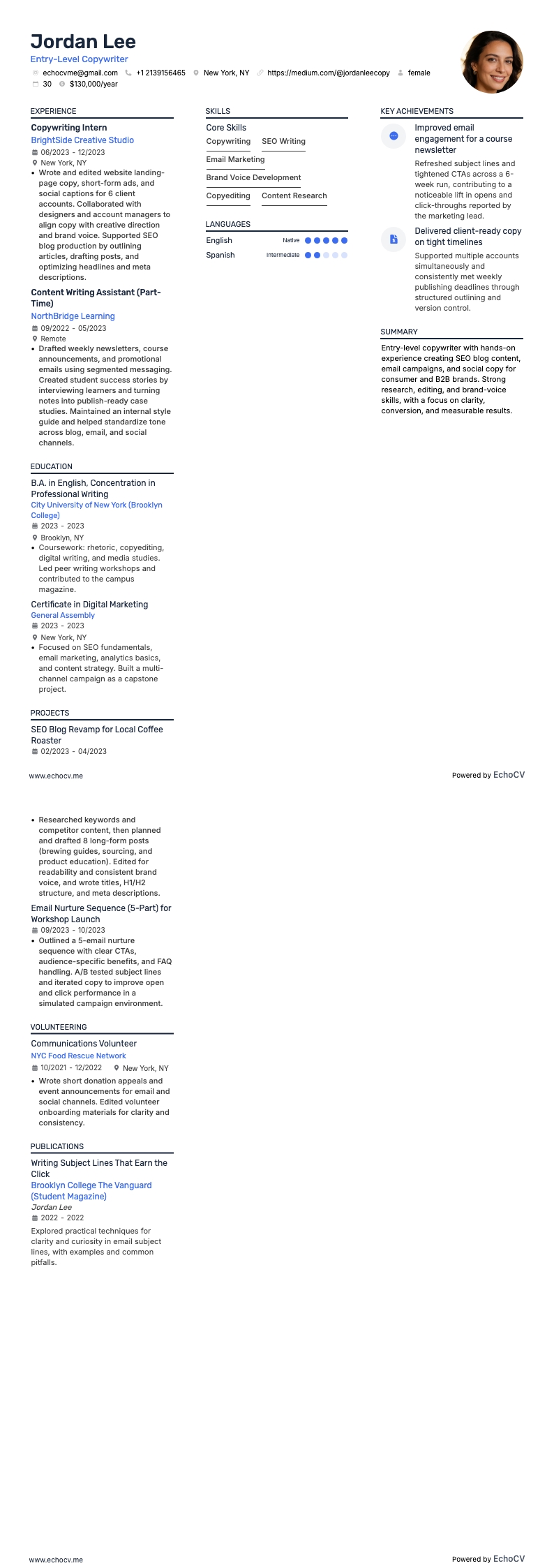 Copywriter resume example