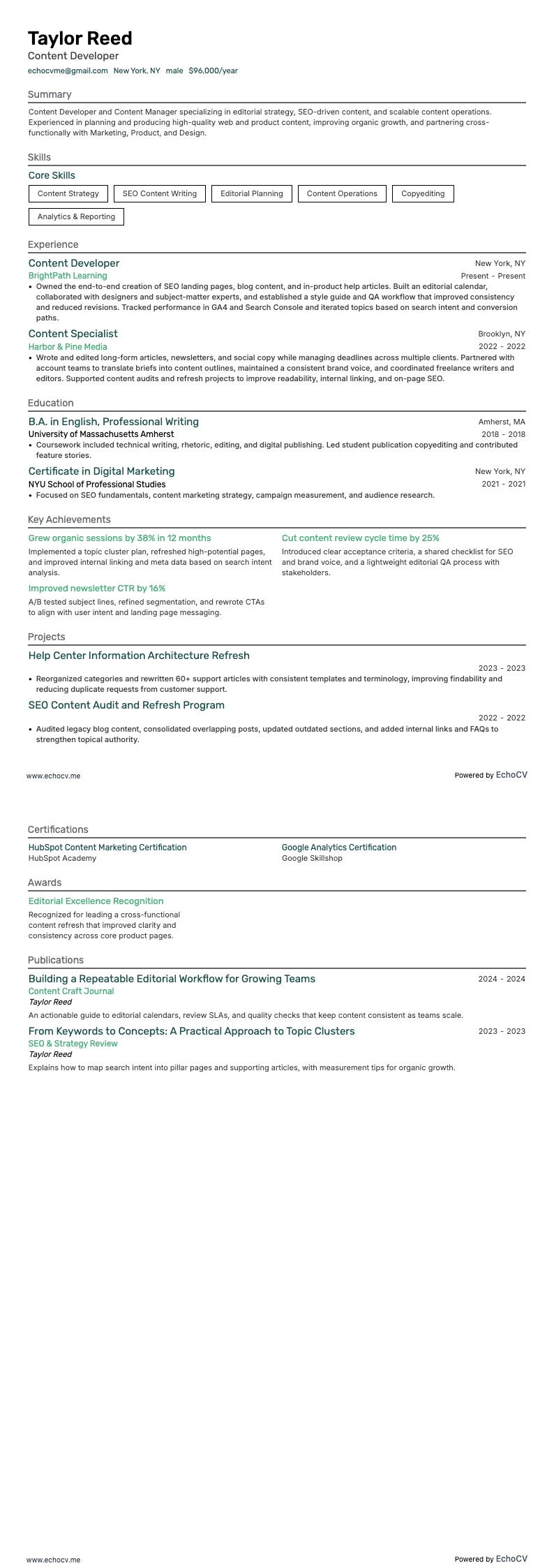 Content Developer example resume