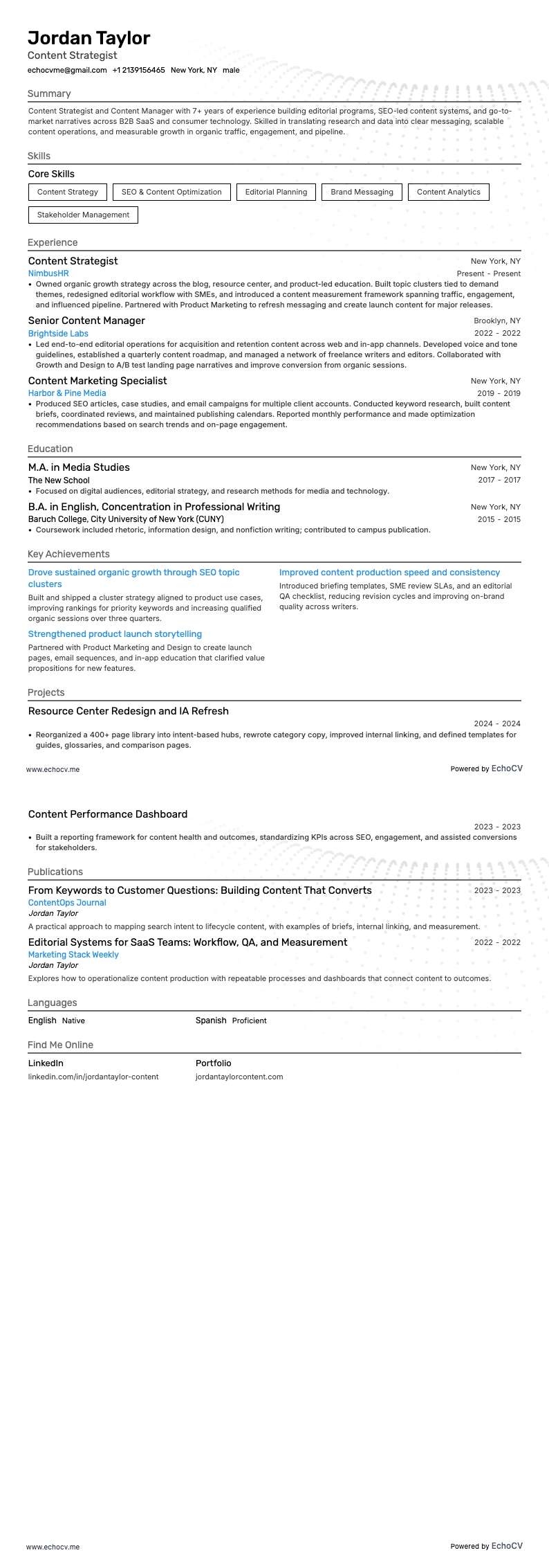 Content Strategist example resume