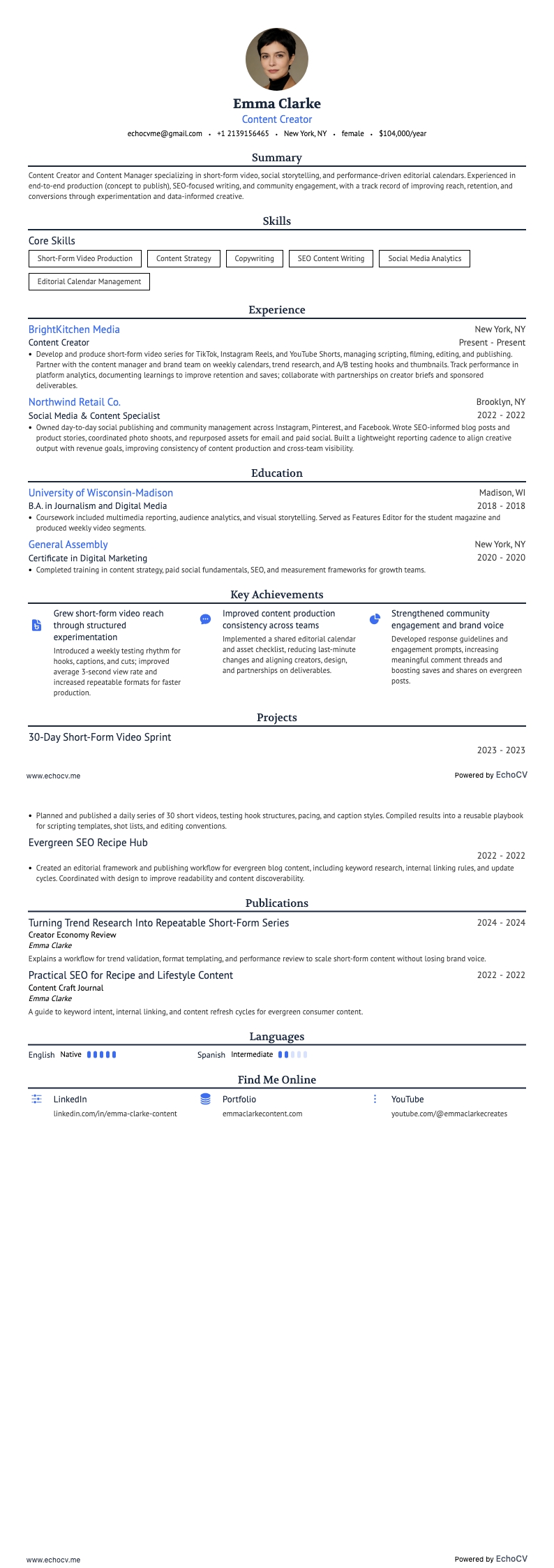Content Creator example resume