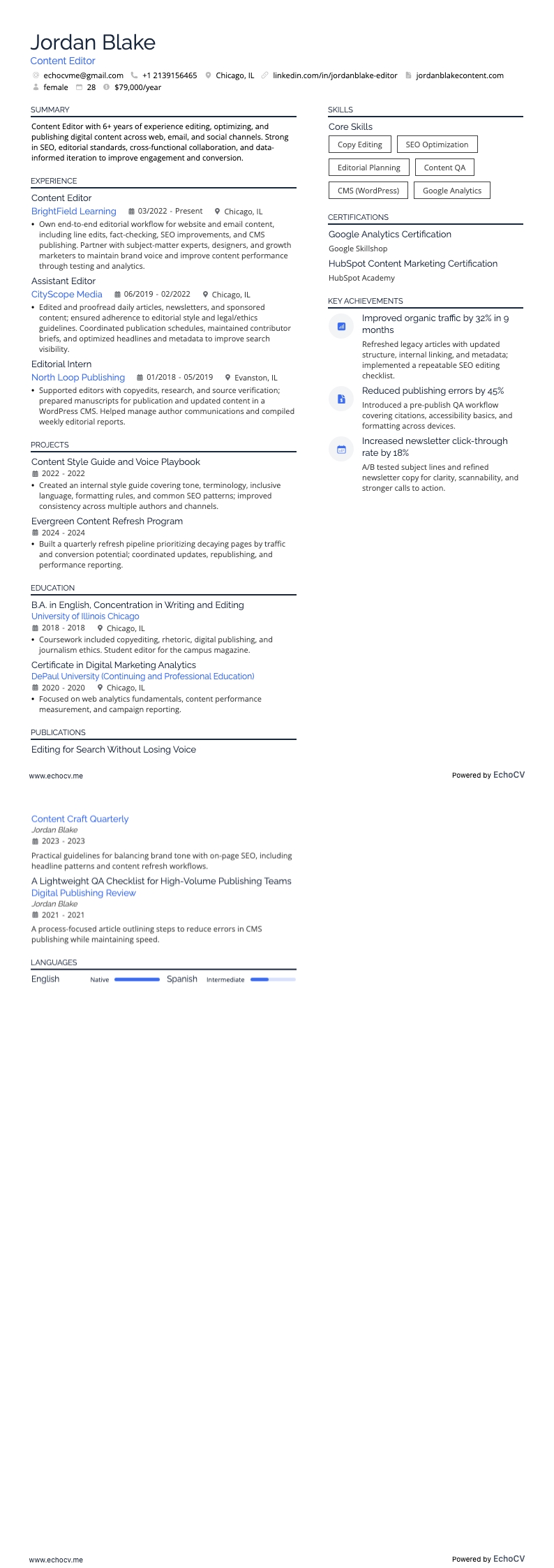 Content Editor example resume