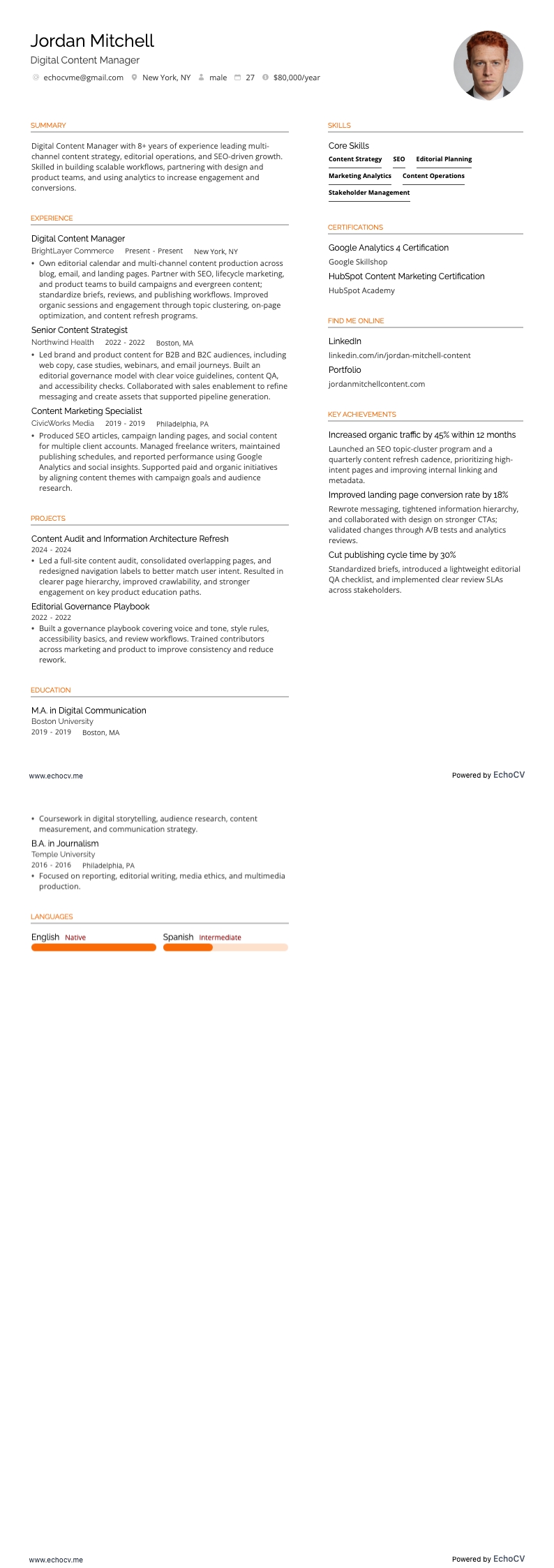 Digital Content Manager example resume
