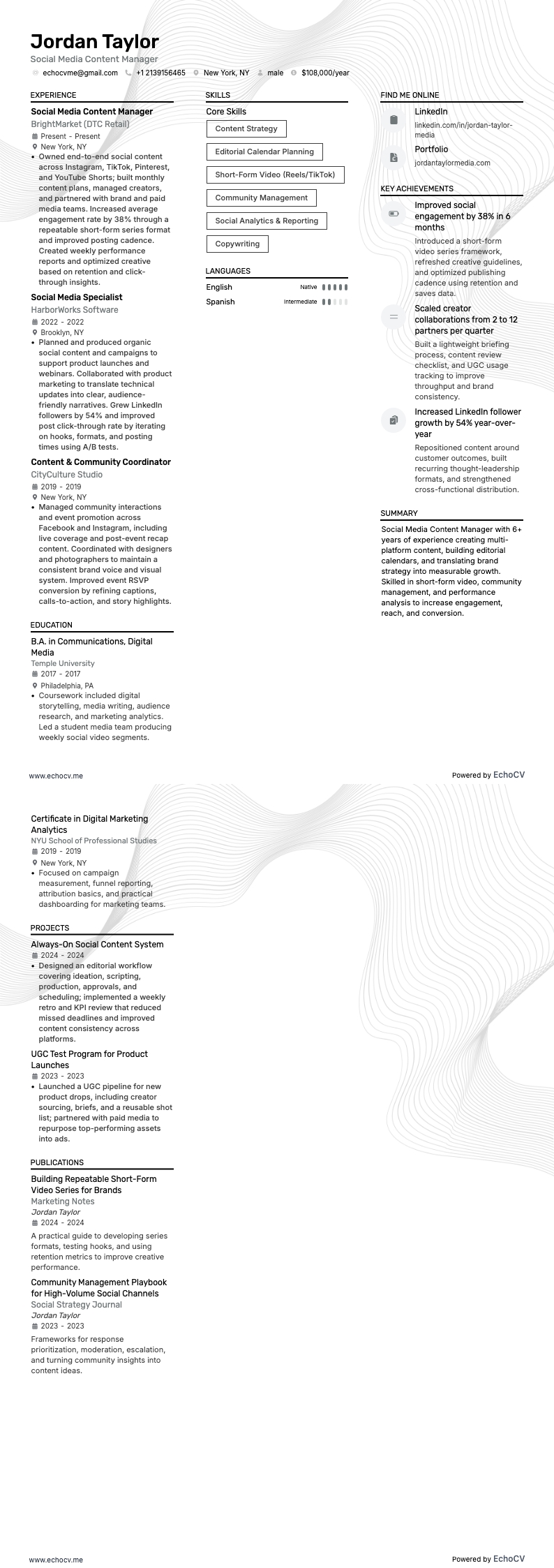 Social Media Content Manager example resume