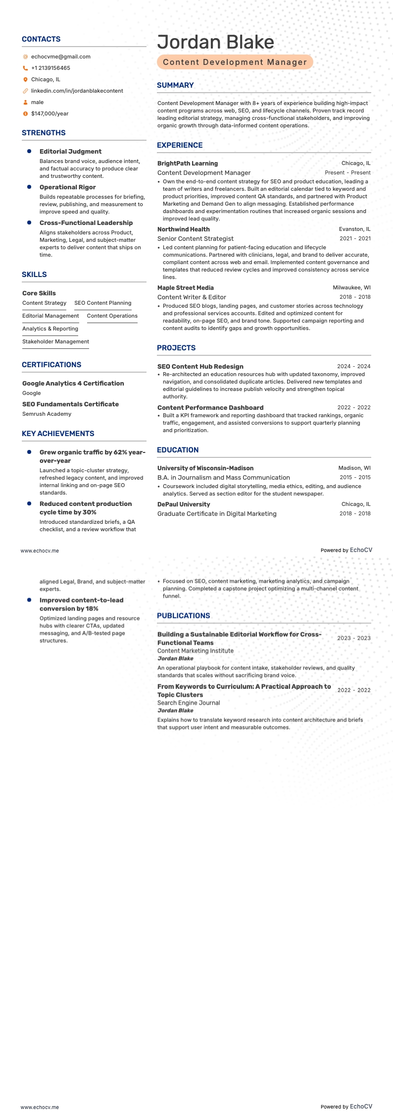 Content Development Manager example resume