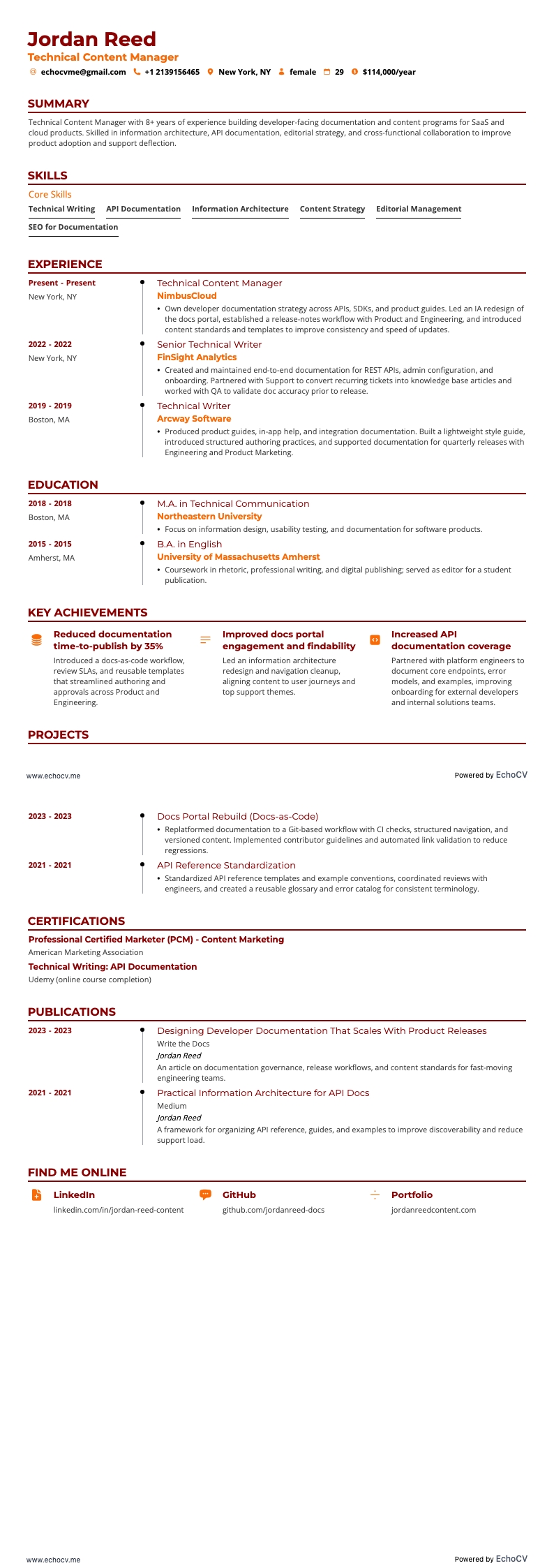 Technical Content Manager example resume