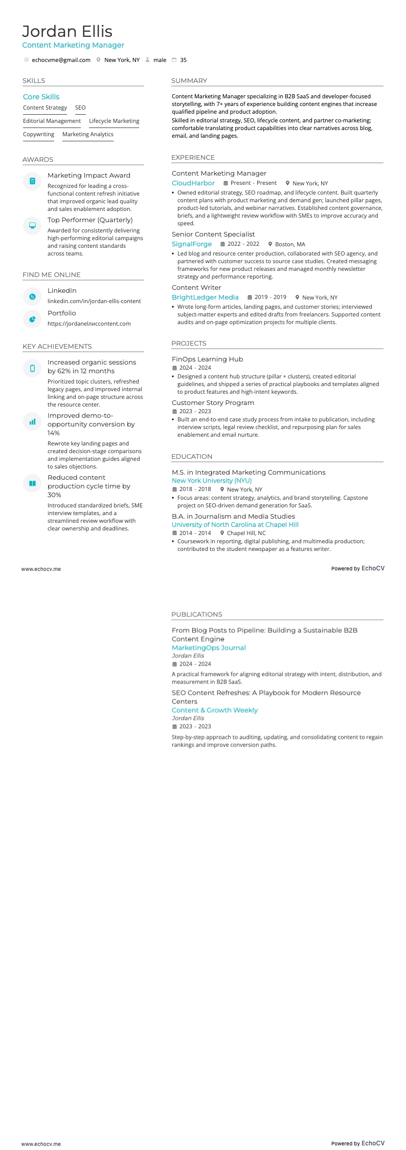 Content Marketing Manager example resume