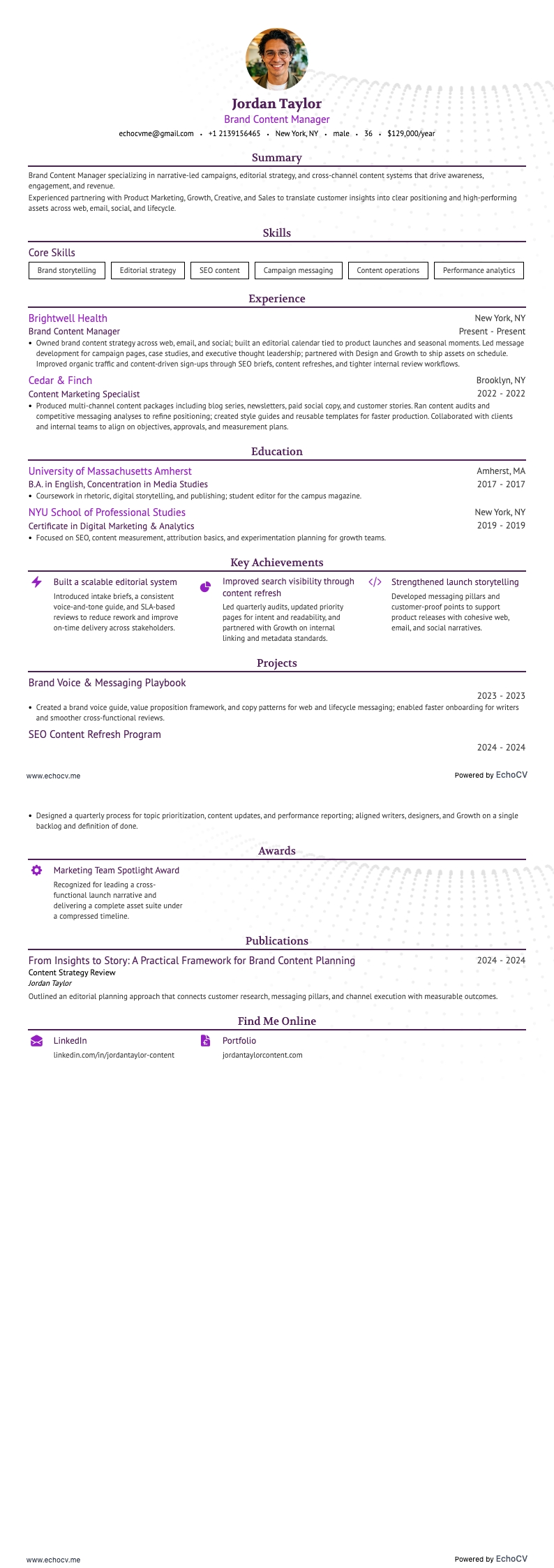 Brand Content Manager example resume