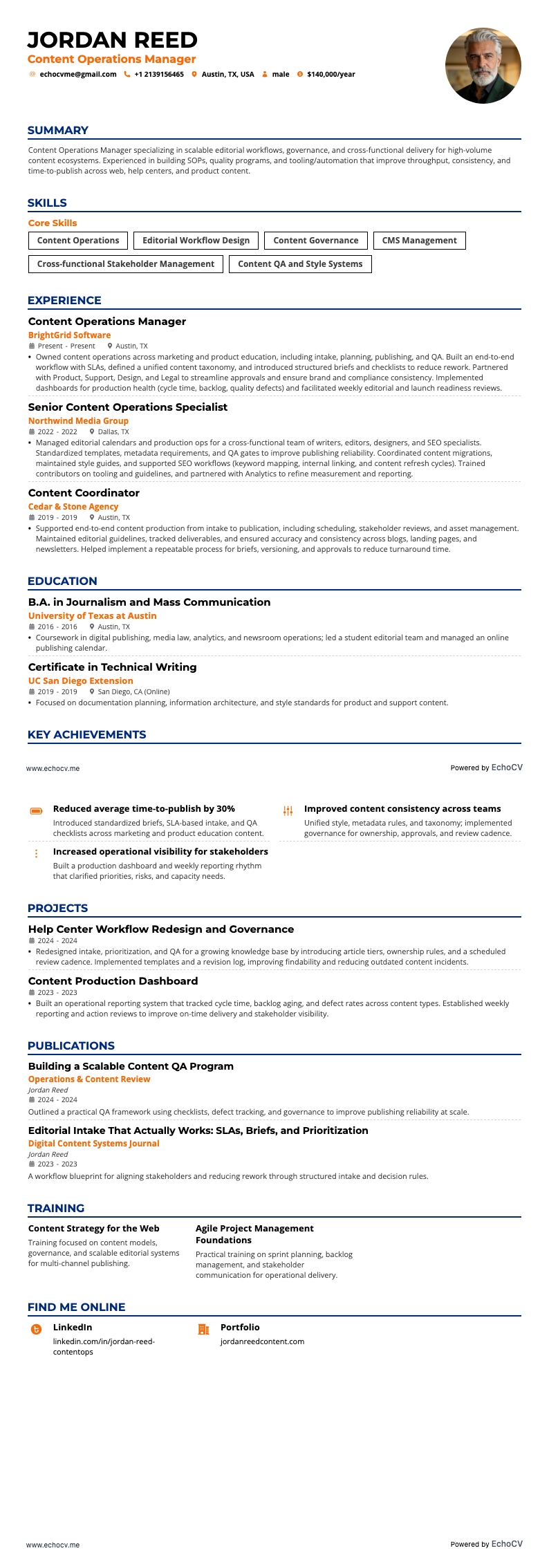 Content Operations Manager example resume