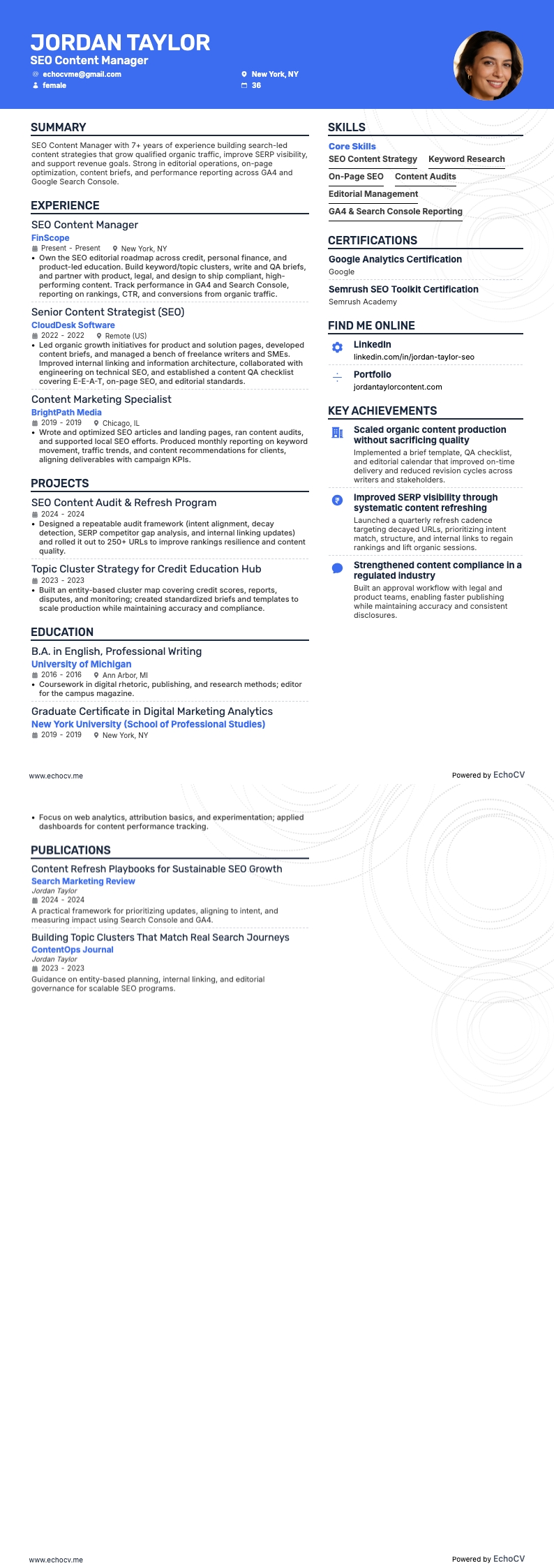 SEO Content Manager example resume