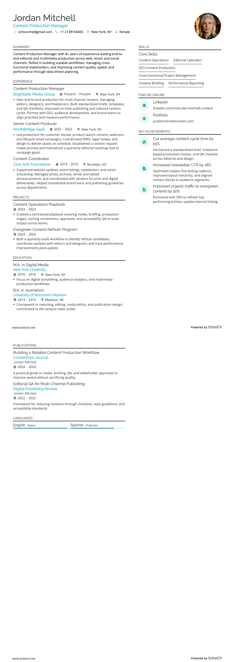 Content Production Manager example resume