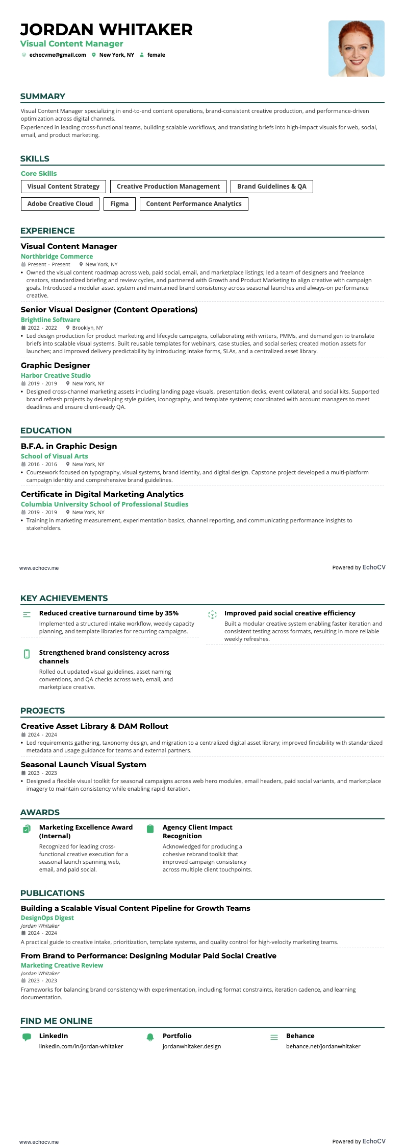 Visual Content Manager example resume