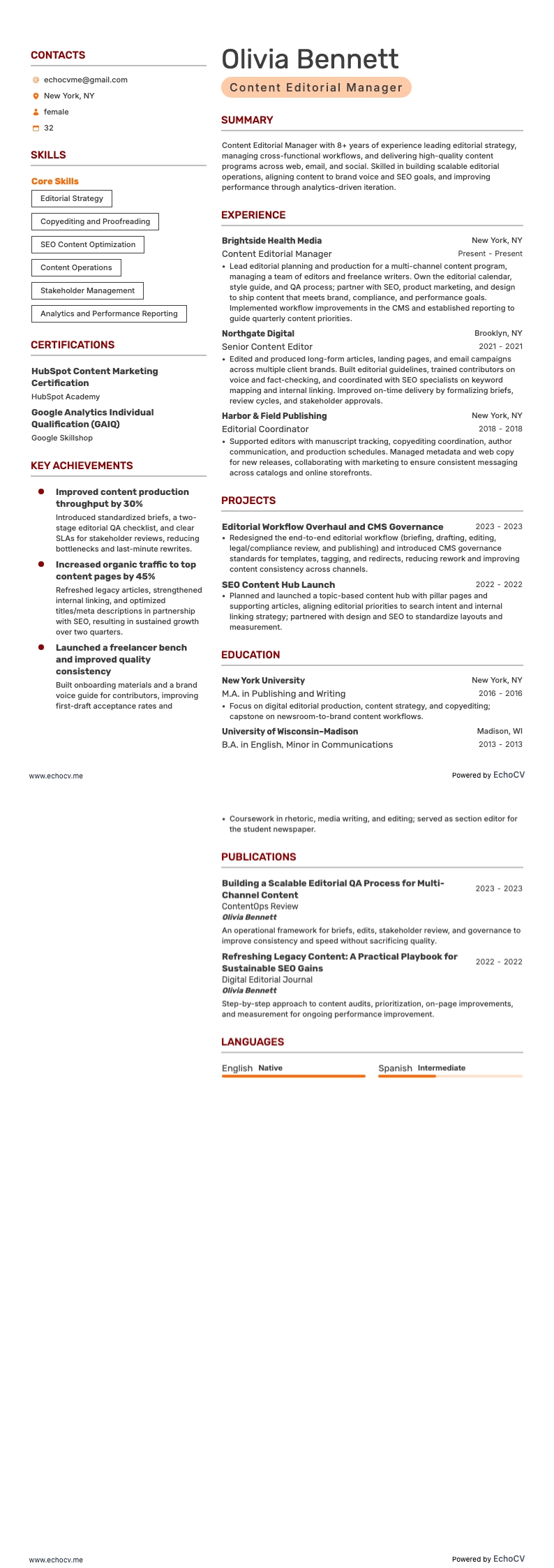 Content Editorial Manager example resume