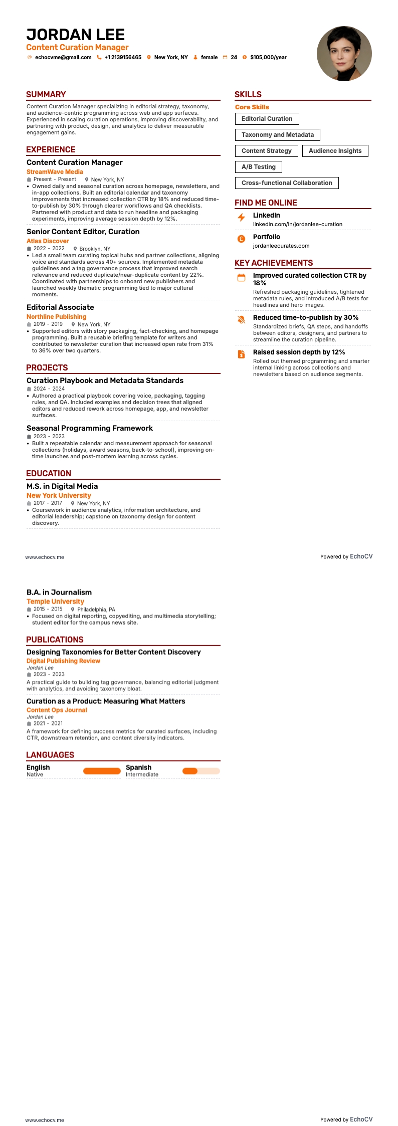 Content Curation Manager example resume