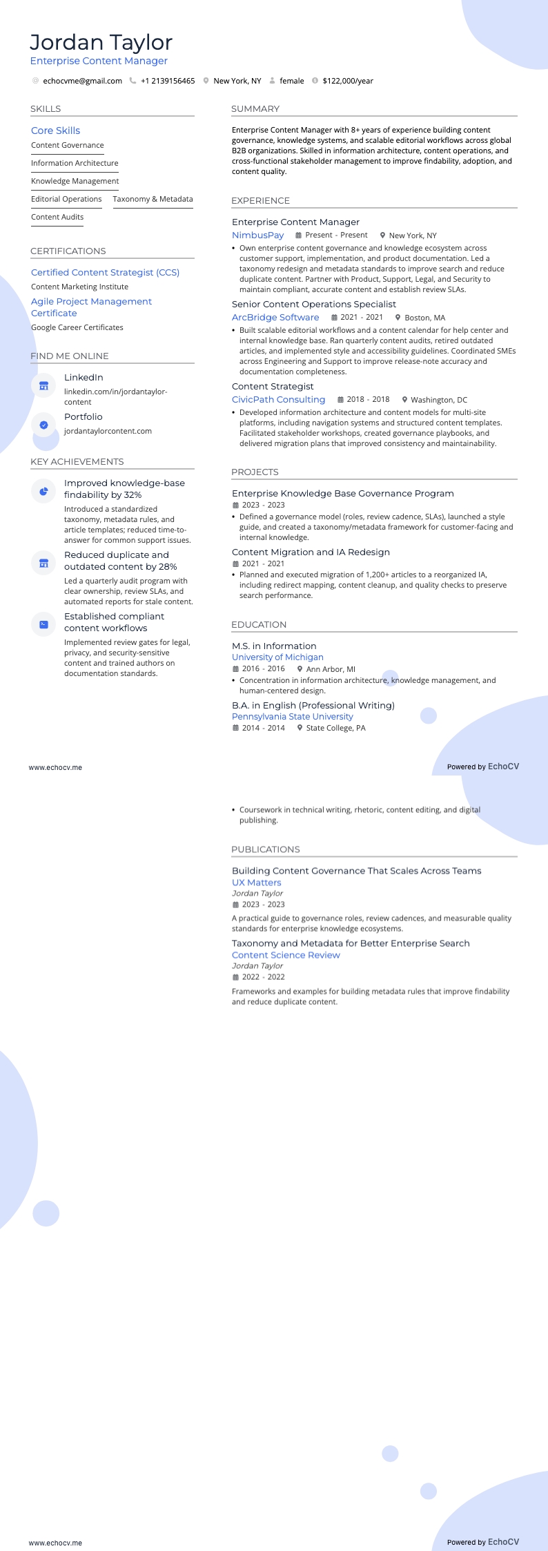 Enterprise Content Manager example resume