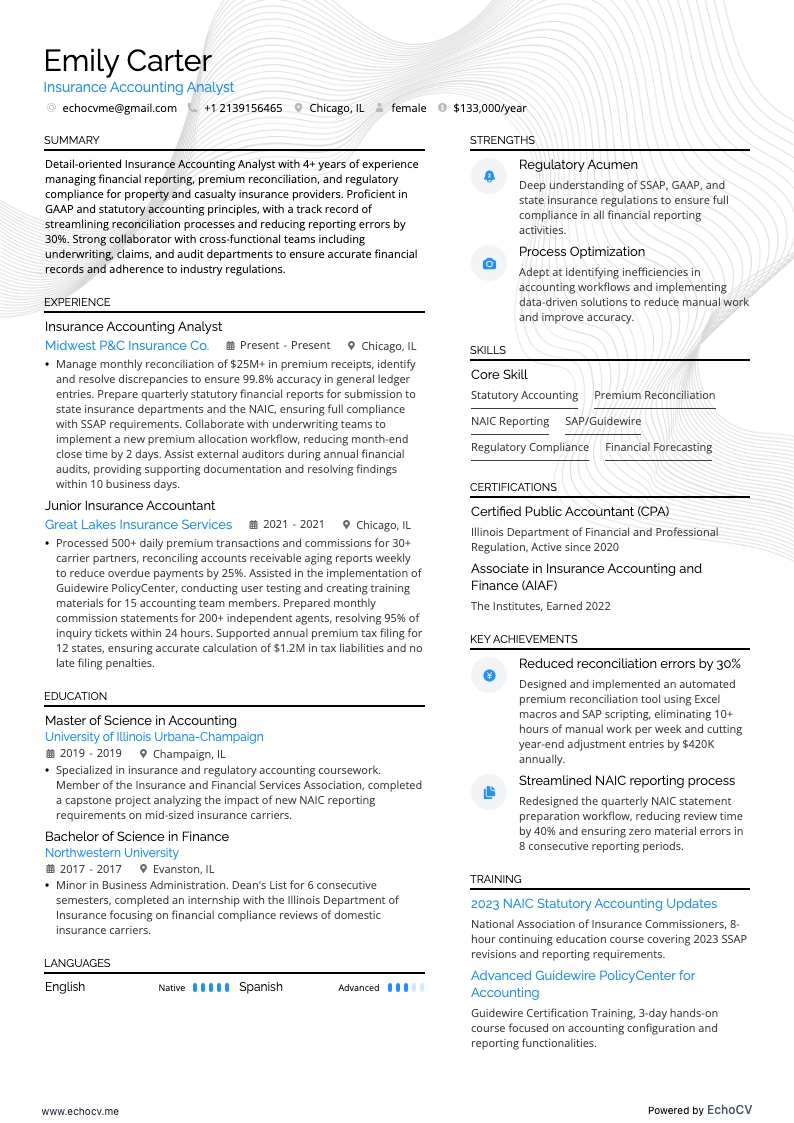 Analyste en comptabilité d’assurance example resume