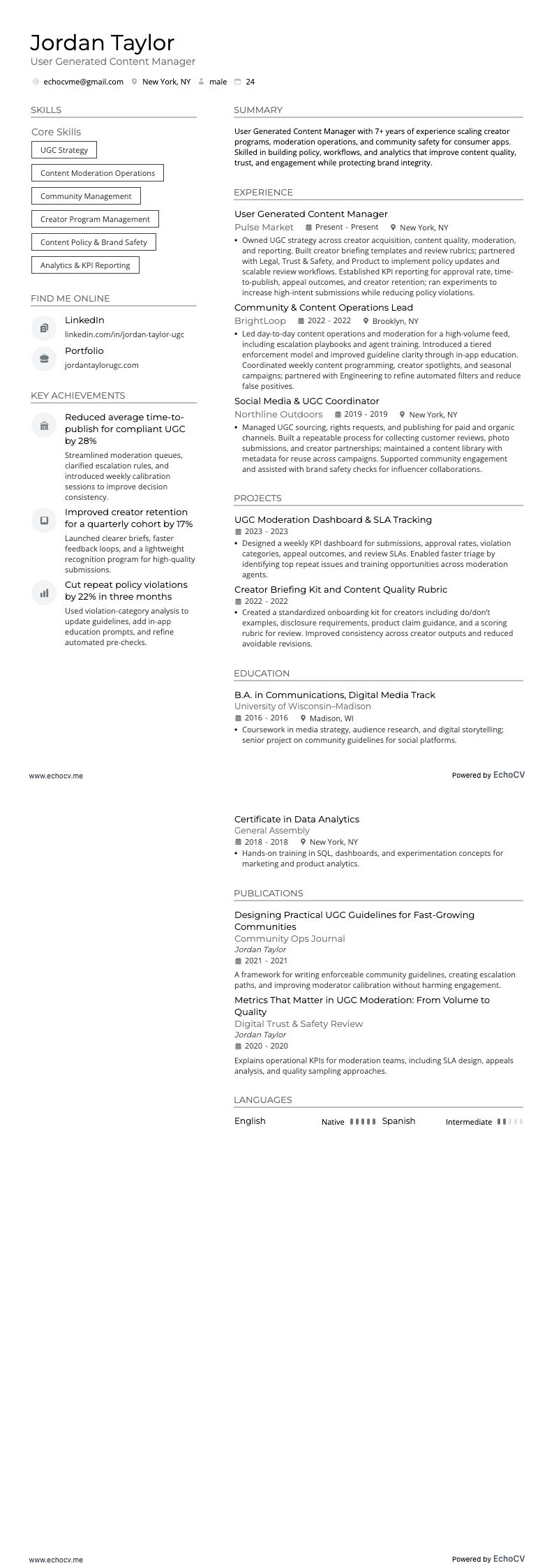 User Generated Content Manager example resume