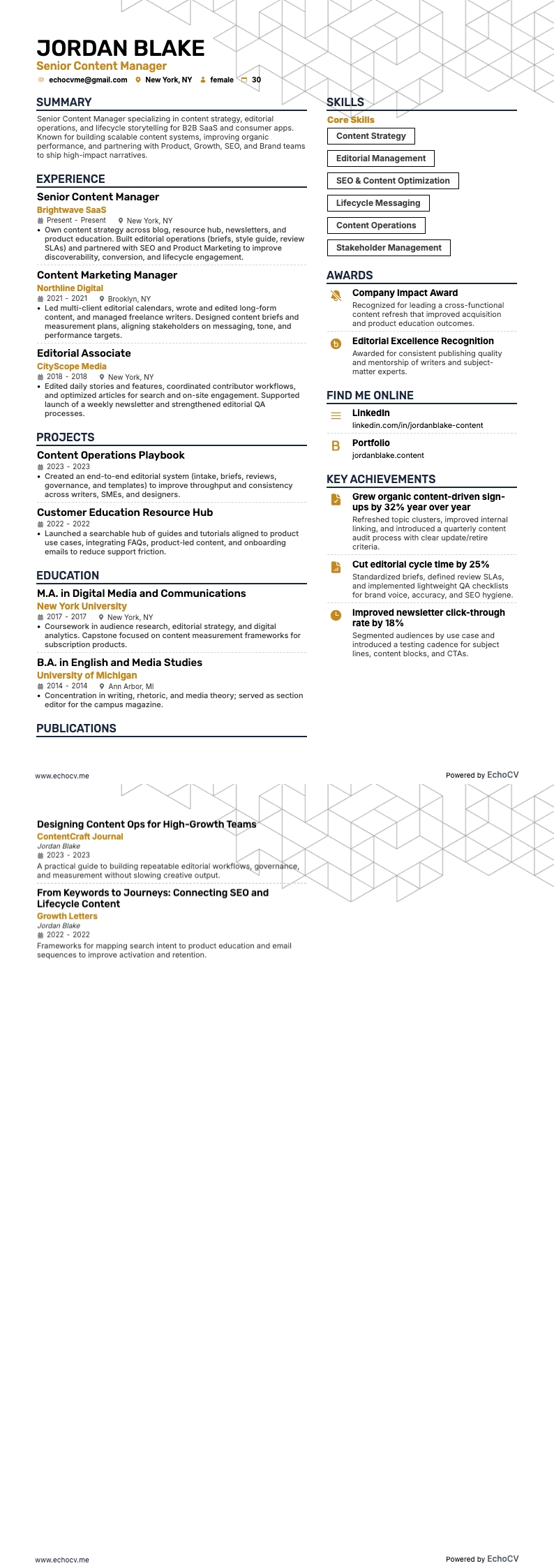 Senior Content Manager example resume